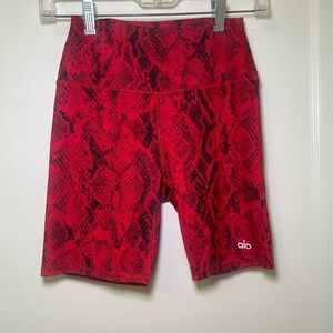 ALO Yoga Red Bike Shorts with Bold Snakeskin Design
